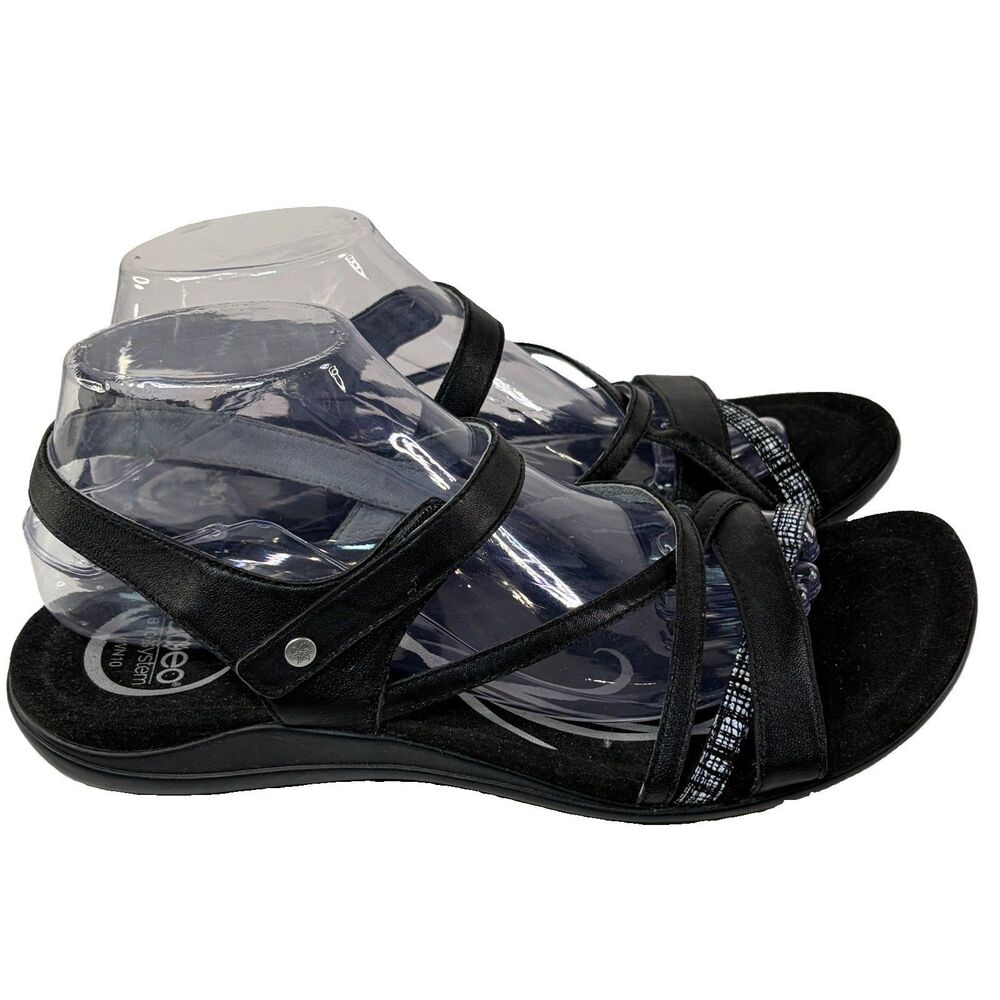 Abeo Bobbie Neu Women’s Black Leather Strappy Sandals Sz 10N B.I.O System Flat